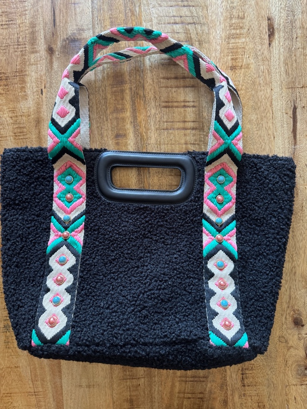 BTB LOS ANGELES Black faux Sherpa Textured purse Bag with Embroidered Straps NEW
